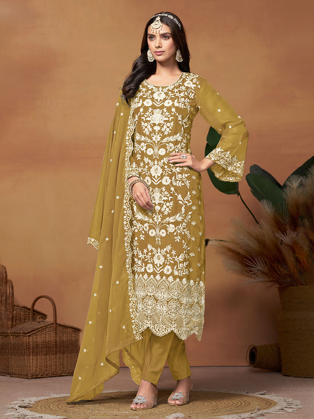 Embroidered Organza Semi Stitched Kurta With Pant &amp; Dupatta