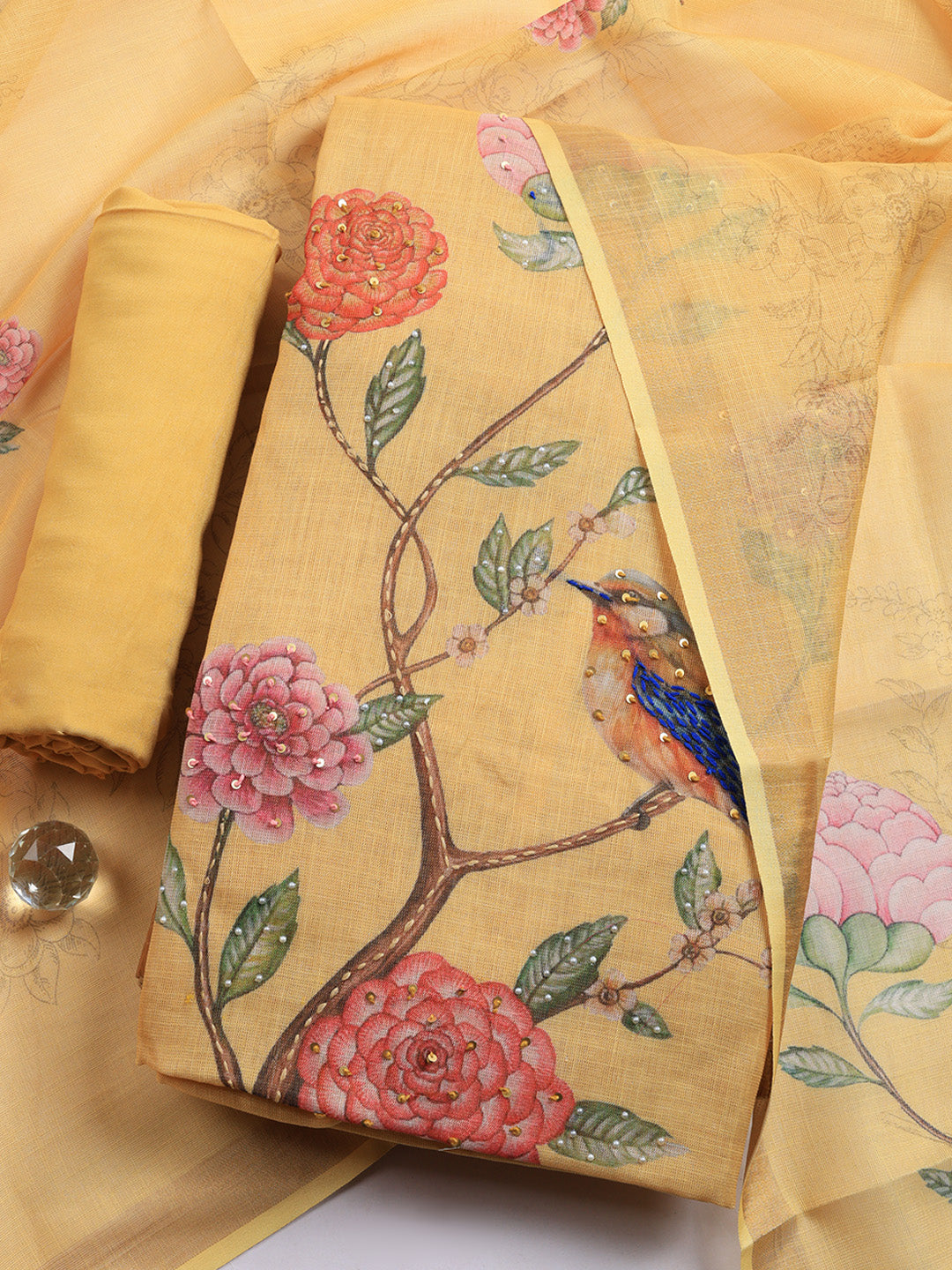 Printed Linen Blend Unstitched Suit With Pant &amp; Dupatta