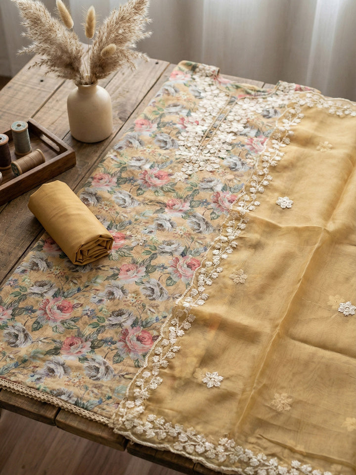 Printed Chanderi Unstitched Suit With Pant &amp; Dupatta