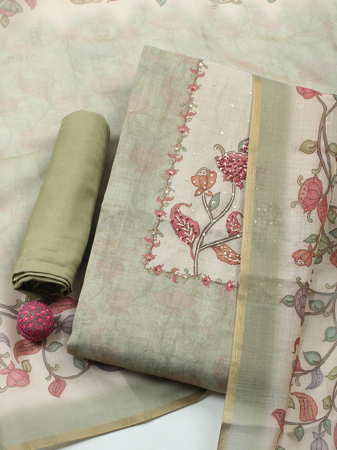 Printed Linen Blend Unstitched Suit With Pant &amp; Dupatta