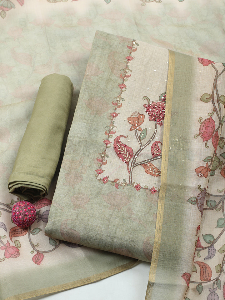 Printed Linen Blend Unstitched Suit With Pant &amp; Dupatta
