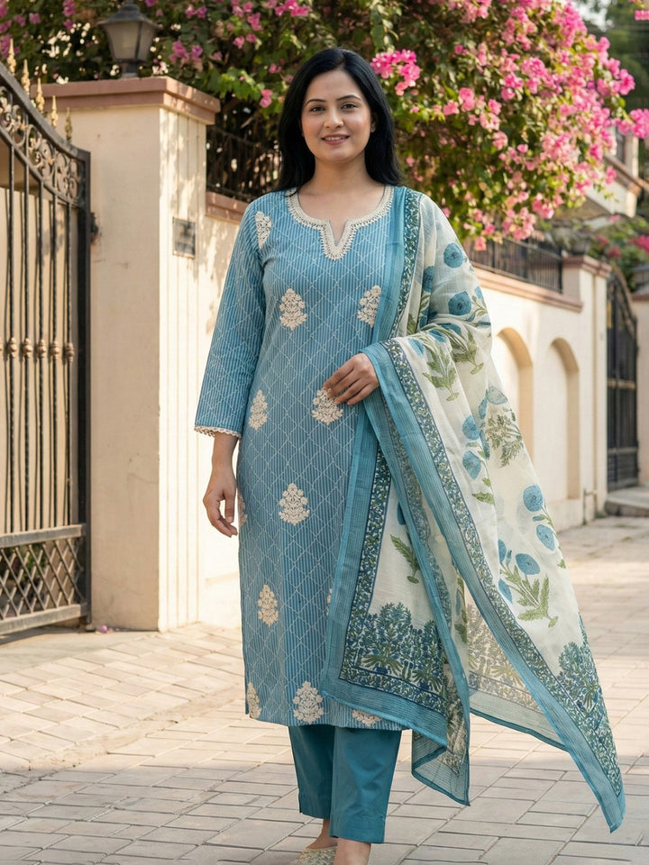 Blue Cotton Blend Printed Straight Suit Set