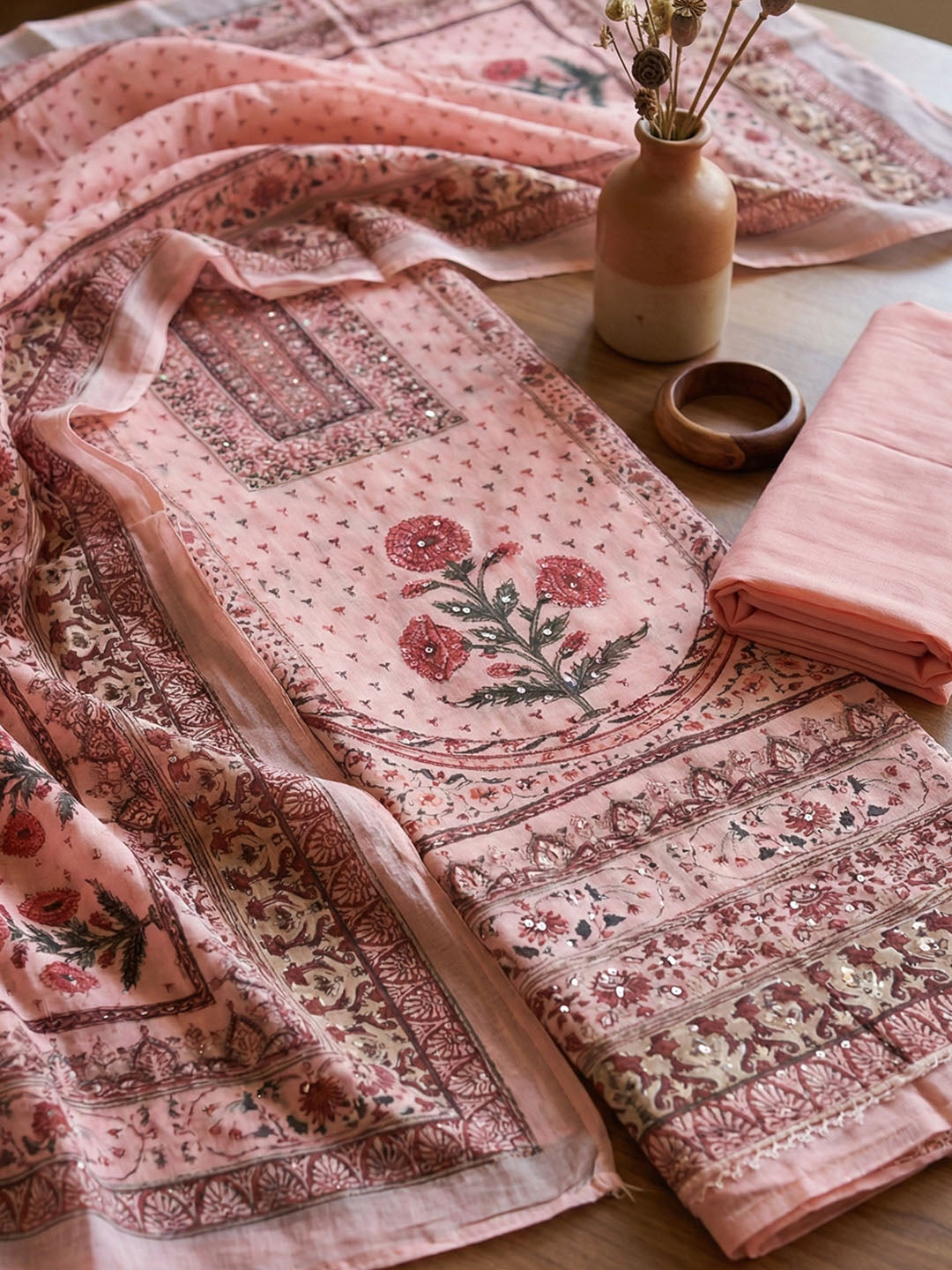 Embroidered Cotton Blend Unstitched Suit With Pant &amp; Dupatta