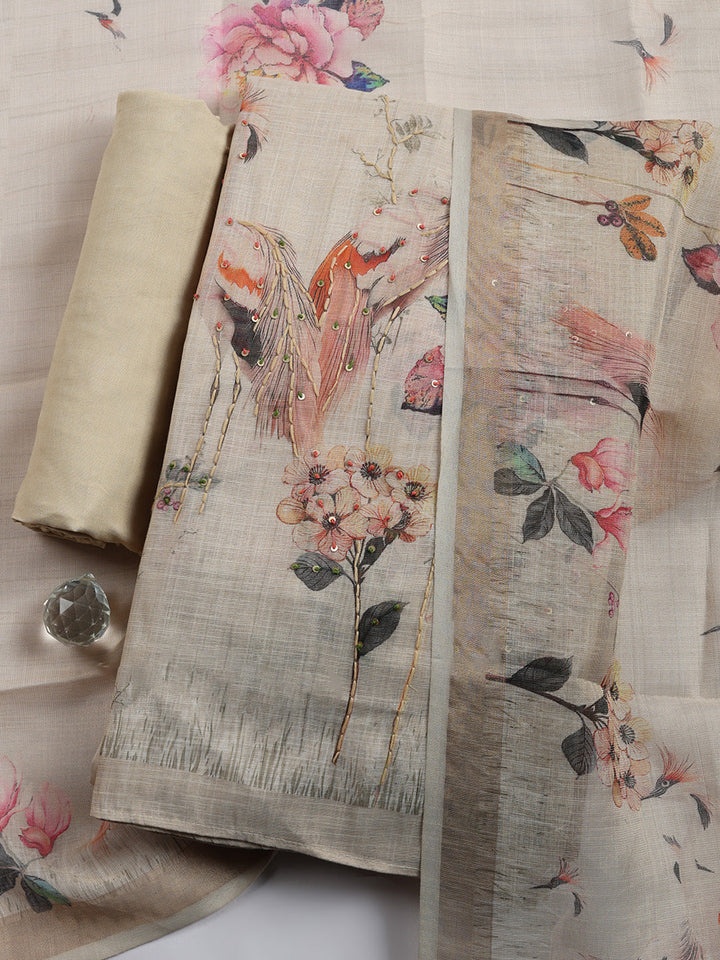 Printed, Linen Blend Unstitched Suit With Pant &amp; Dupatta
