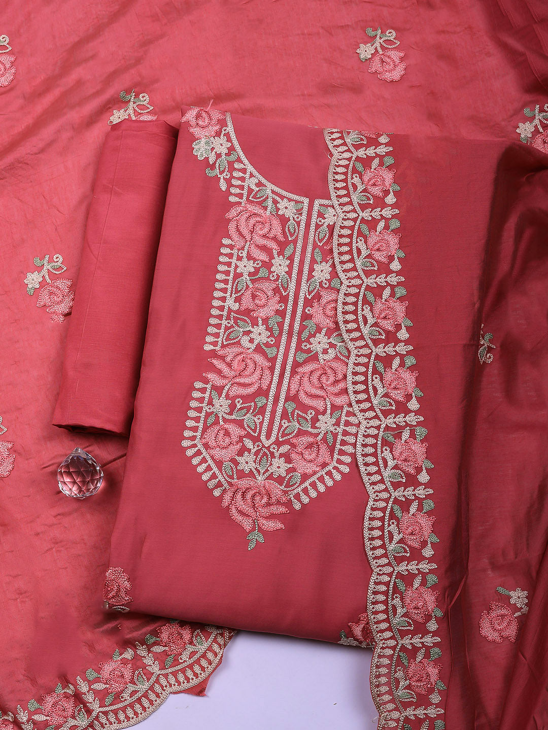 Embroidered Chanderi Unstitched Suit With Pant &amp; Dupatta