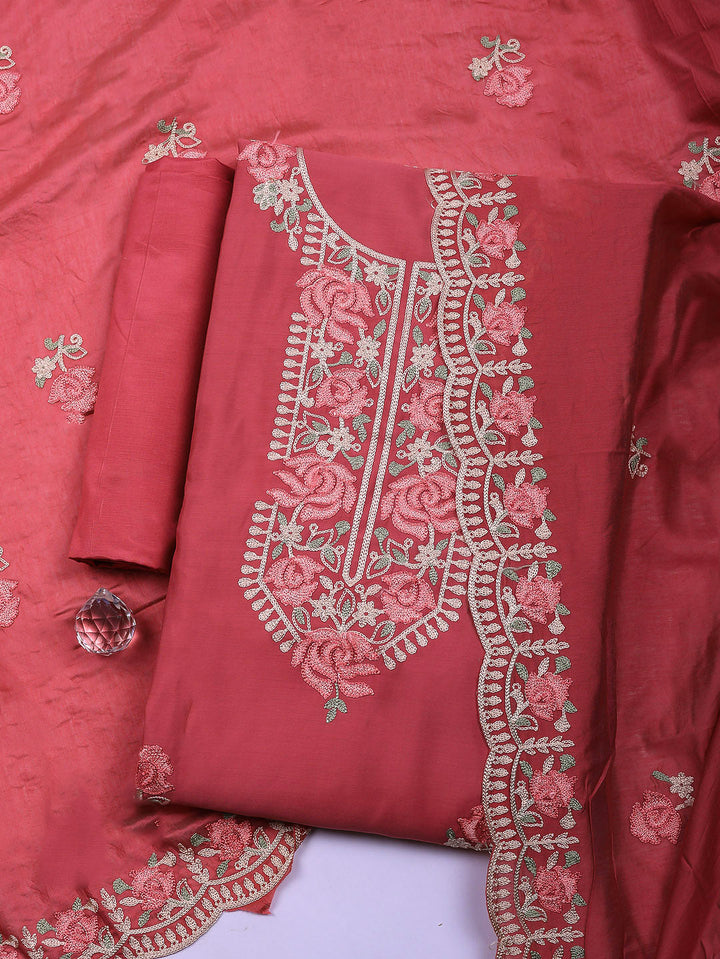 Embroidered Chanderi Unstitched Suit With Pant &amp; Dupatta