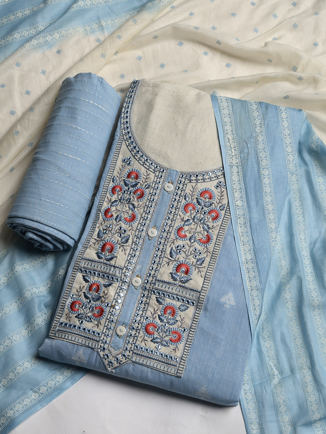 Neck Embroidered Cotton Blend Unstitched Suit With Dupatta