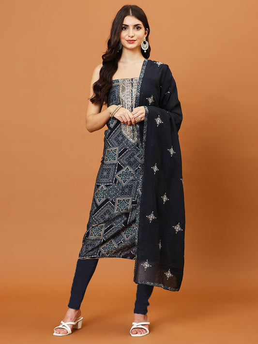 Neck Embroidered Cotton Blend Unstitched Suit Piece With Dupatta