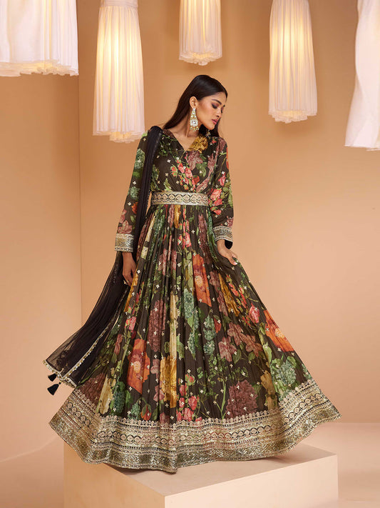 Digital Print & Sequin Embroidered Gown Dress With Dupatta