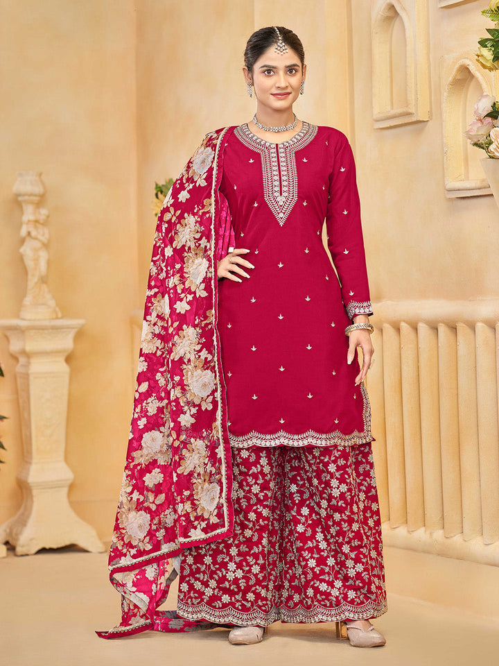 Embroidered Art Silk Kurta With Plazzo &amp; Dupatta