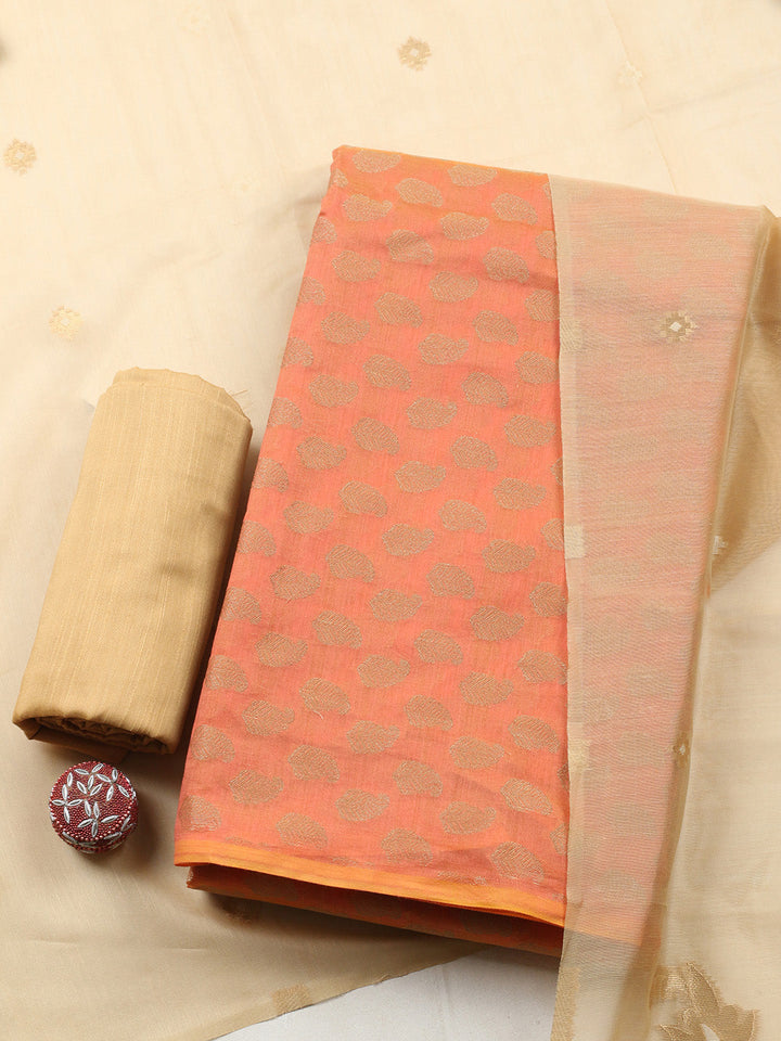 Printed Chanderi Unstitched Suit With Pant &amp; Dupatta