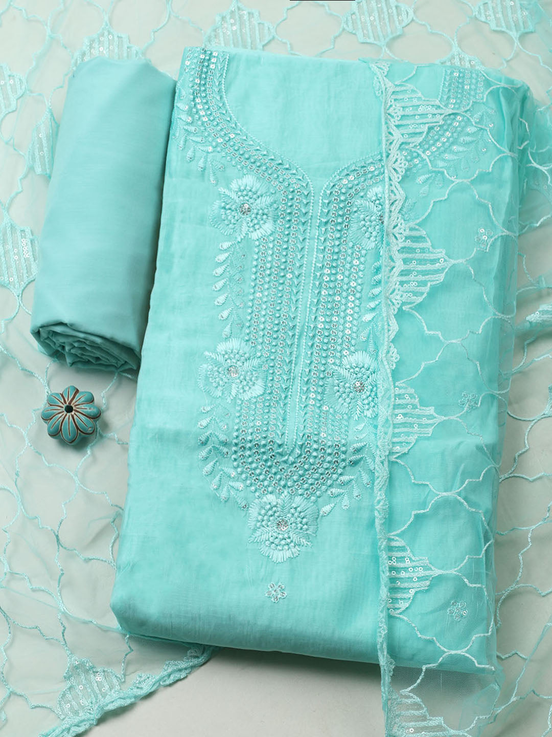 Embroidered Chanderi Unstitched Suit With Pant &amp; Dupatta