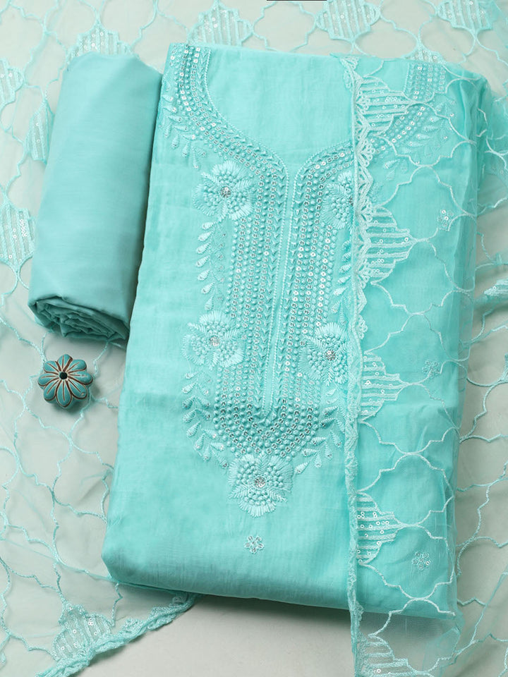 Embroidered Chanderi Unstitched Suit With Pant &amp; Dupatta