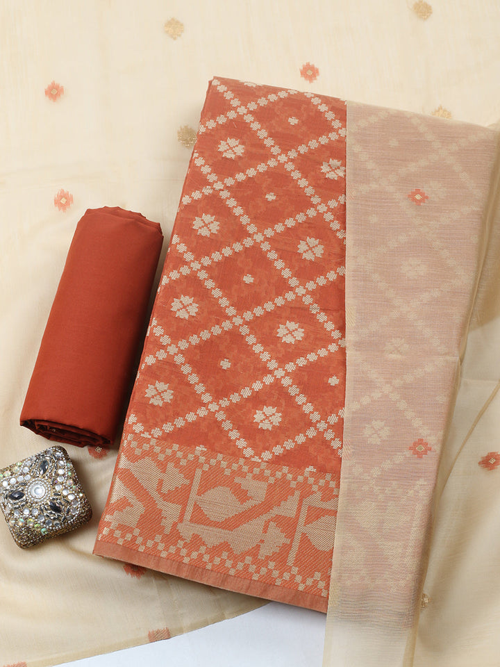 Printed Chanderi Unstitched Suit With Pant &amp; Dupatta