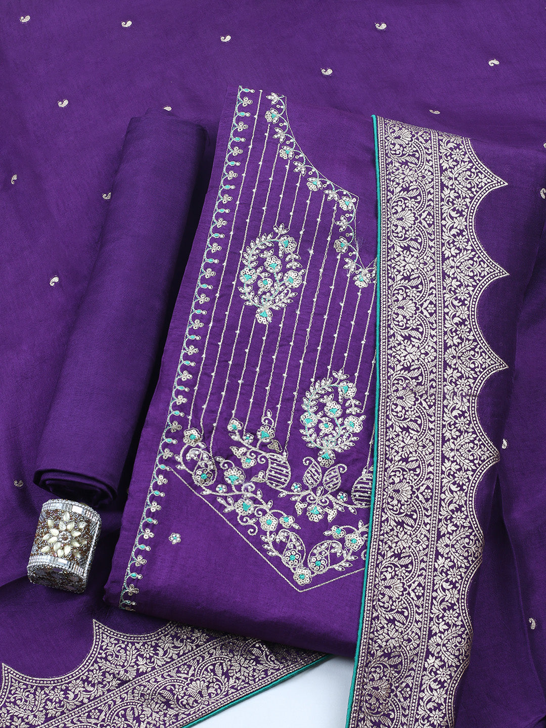 Embroidered Chanderi Unstitched Suit With Pant &amp; Dupatta