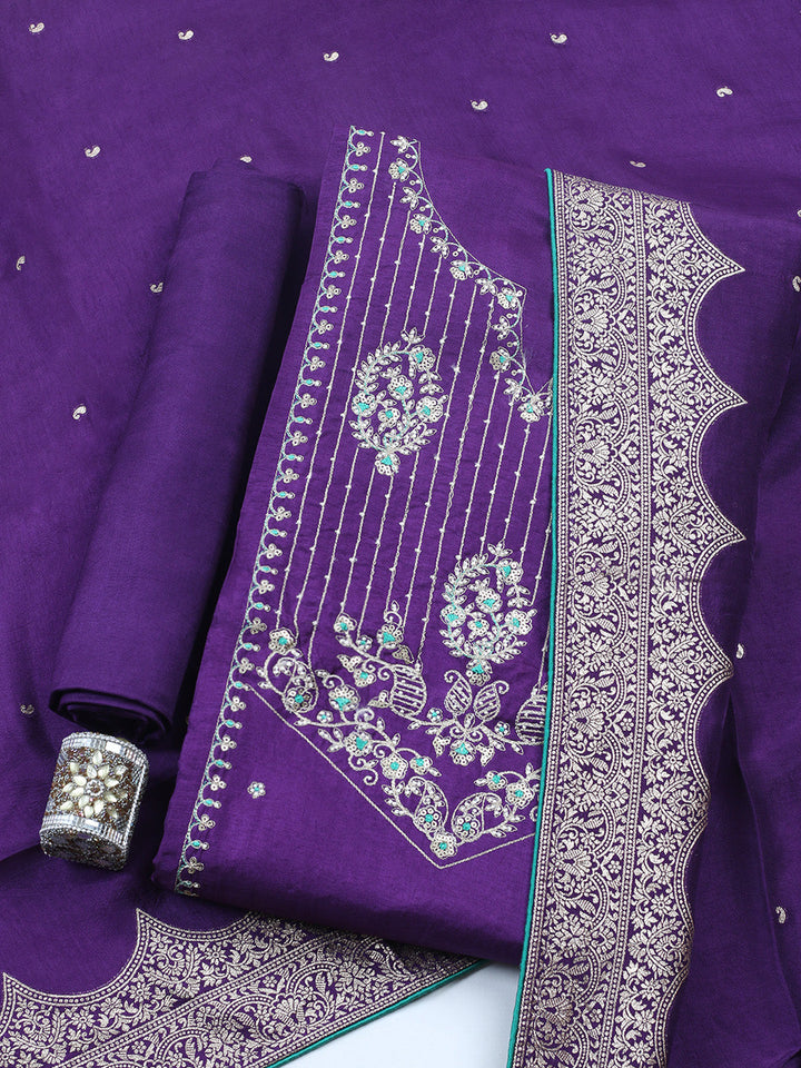 Embroidered Chanderi Unstitched Suit With Pant &amp; Dupatta