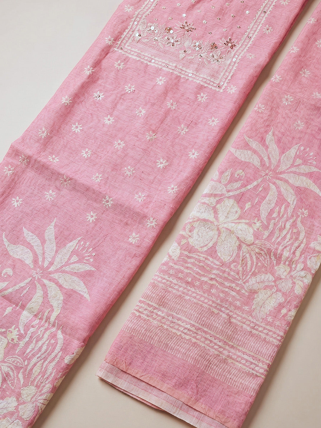 Printed Chanderi Unstitched Suit With Pant &amp; Dupatta