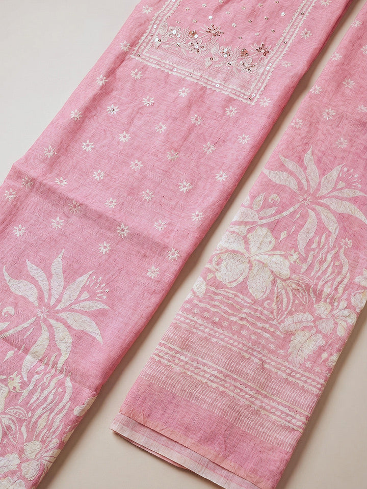 Printed Chanderi Unstitched Suit With Pant &amp; Dupatta