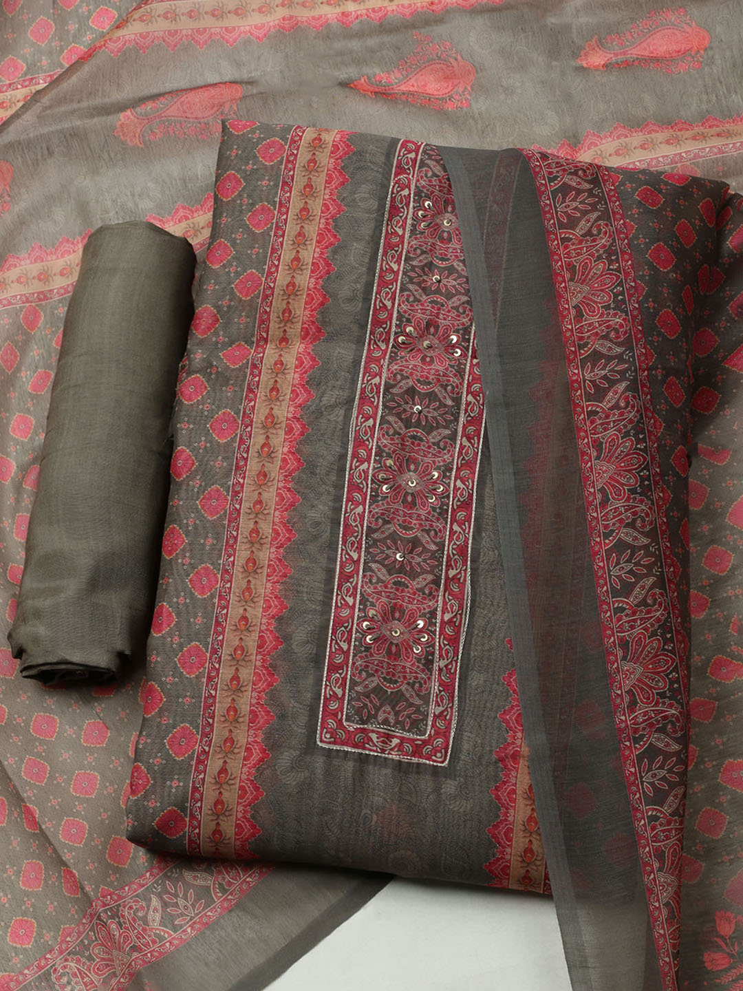 Printed Booti Chanderi Unstitched Suit With Dupatta