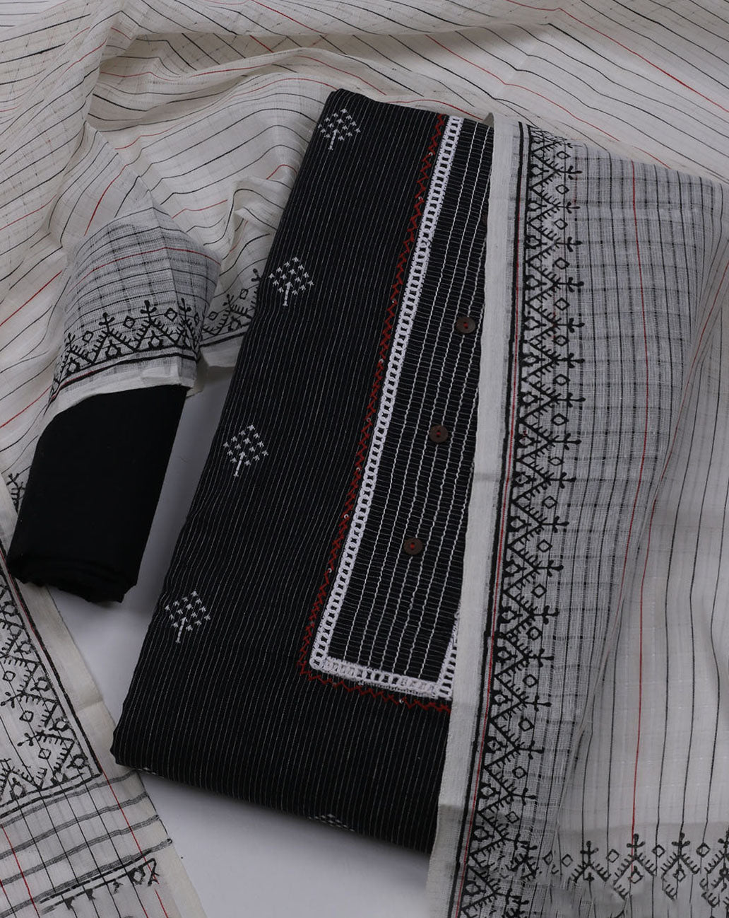 Patch Neck Cotton Blend Unstitched Suit With Dupatta