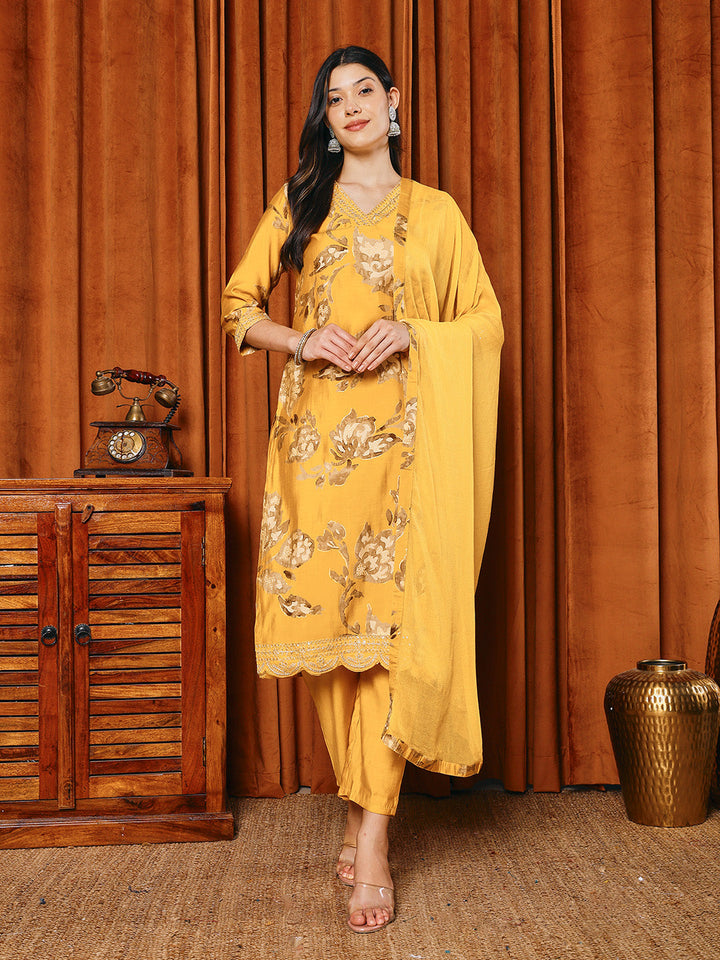 Resham Work Cotton Blend Kurta With Pants &amp; Dupatta