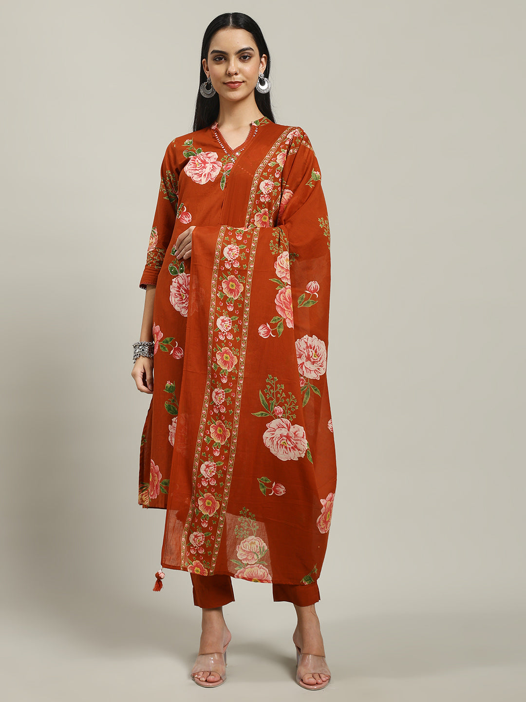 Printed Cotton Blend Kurta With Pants & Dupatta