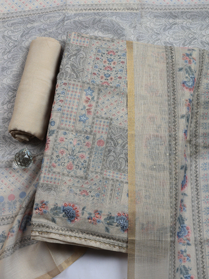 Printed Linen Blend Unstitched Suit With Pant &amp; Dupatta