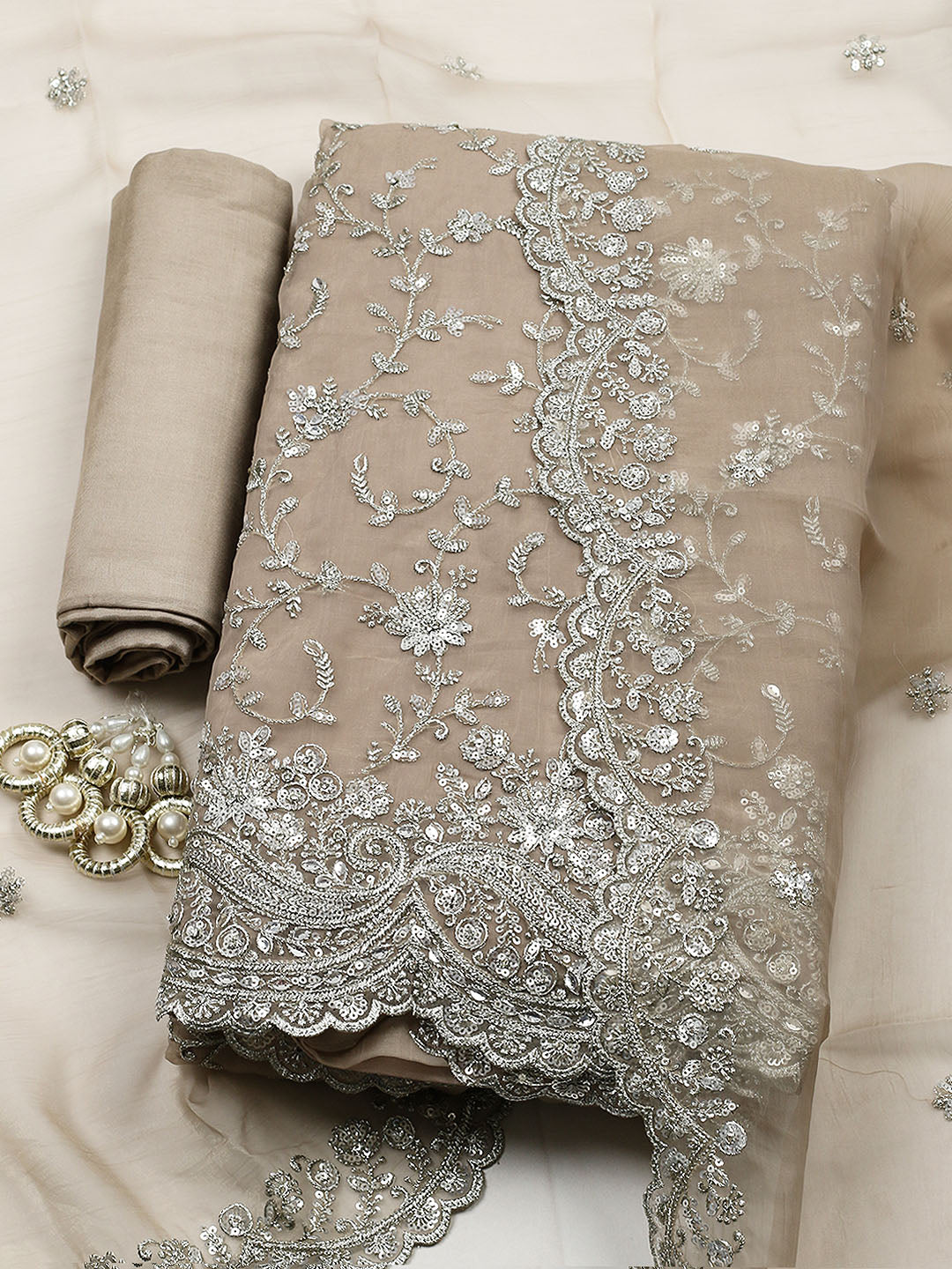 Embroidered Organza Unstitched Suit With Pant &amp; Dupatta