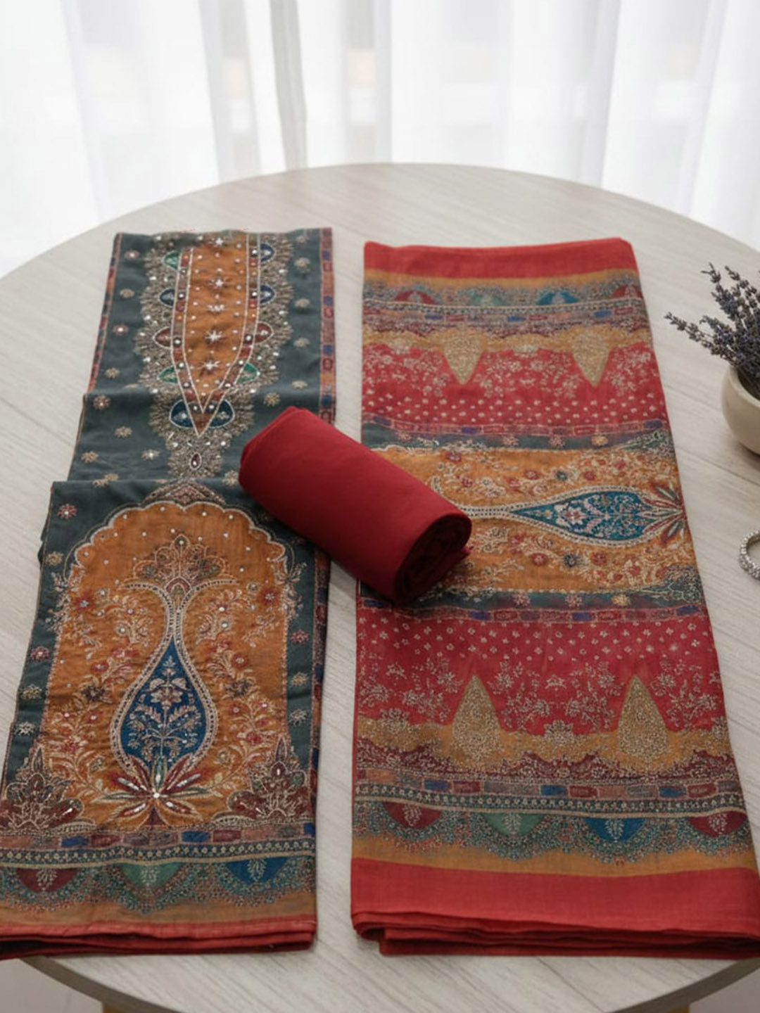 Printed Chanderi Unstitched Suit With Pant &amp; Dupatta