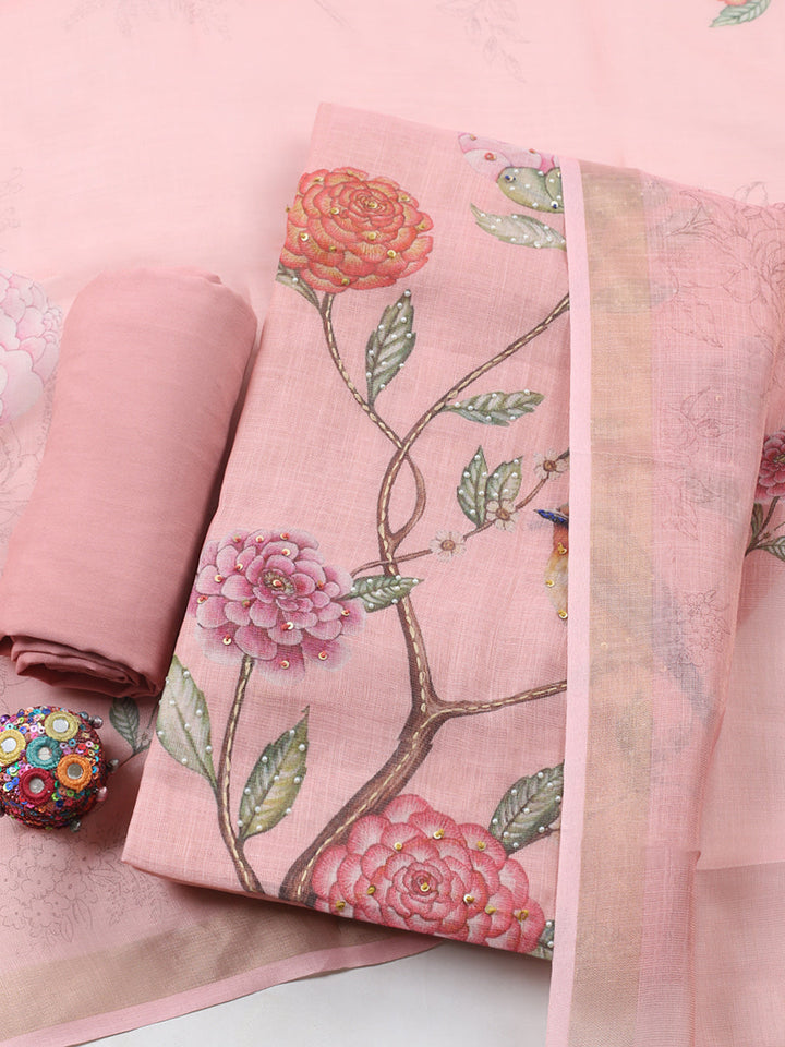 Printed Linen Blend Unstitched Suit With Pant &amp; Dupatta