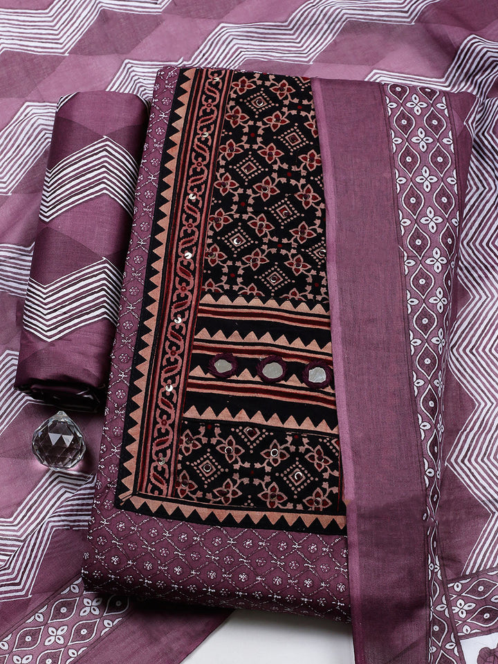 Printed Cotton Blend Unstitched Suit With Pant &amp; Dupatta