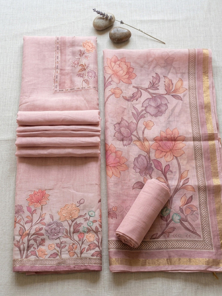 Embroidered Linen Blend Unstitched Suit With Pant &amp; Dupatta