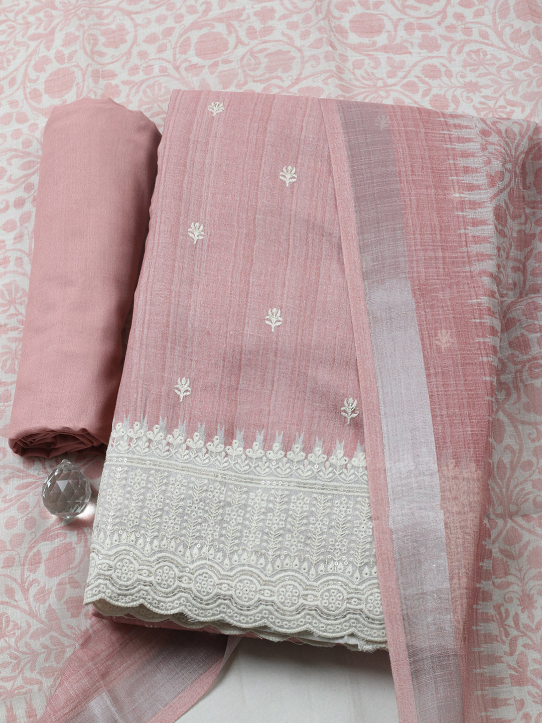 Embroidered Linen Blend Unstitched Suit With Pant &amp; Dupatta