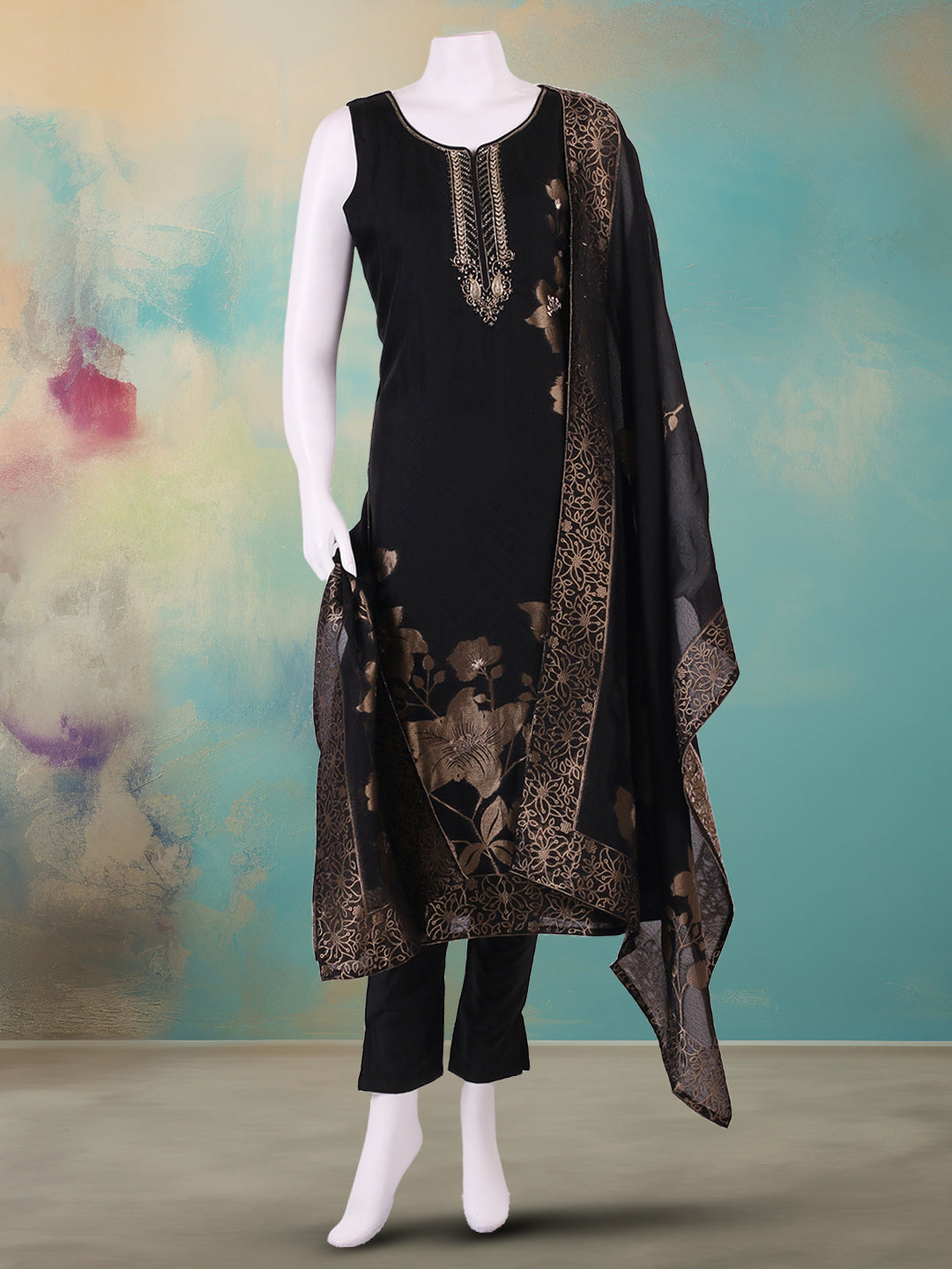 Embroidered Art Silk Suit With Pant &amp; Dupatta
