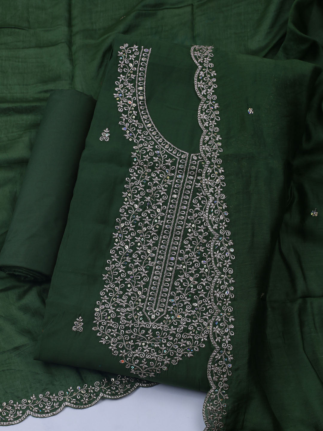 Neck Embroidered Chanderi Unstitched Suit With Dupatta