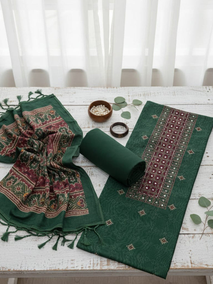 Embroidered Chanderi Unstitched Suit With Pant &amp; Dupatta