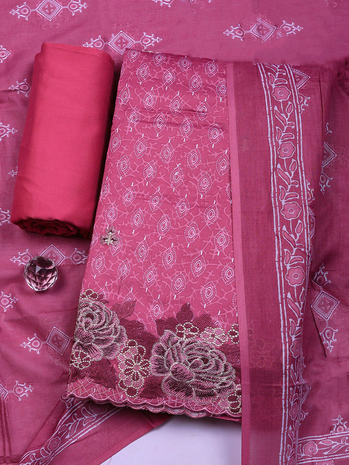 Printed Cotton Blend Unstitched Suit With Pant &amp; Dupatta