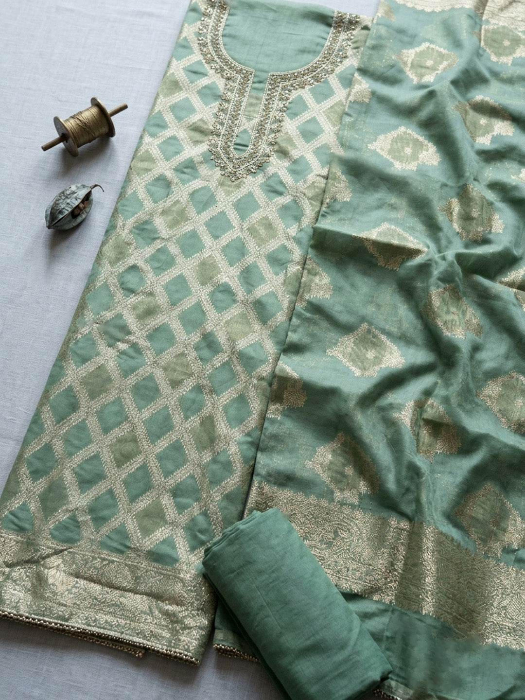 Embroidered Cotton Blend Unstitched Suit With Pant &amp; Dupatta