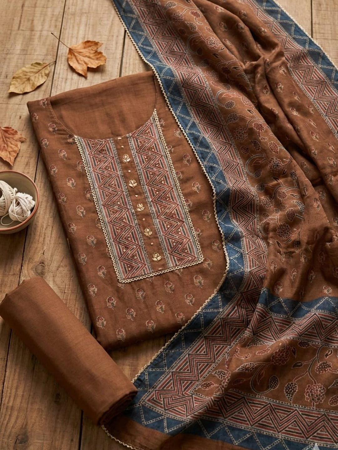 Printed Chanderi Unstitched Suit With Pant &amp; Dupatta