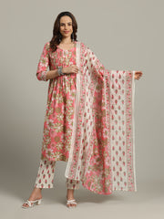 Floral Printed Cotton Blend Anarkali Kurta With Pants & Dupatta