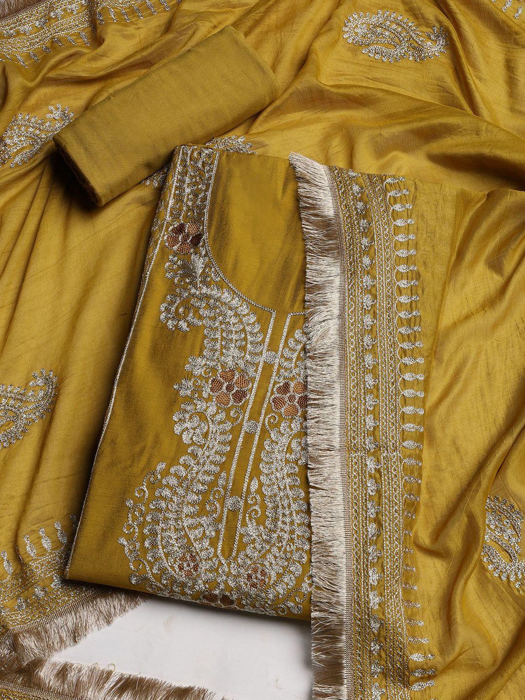 Embroidered Chanderi Unstitched Suit With Dupatta