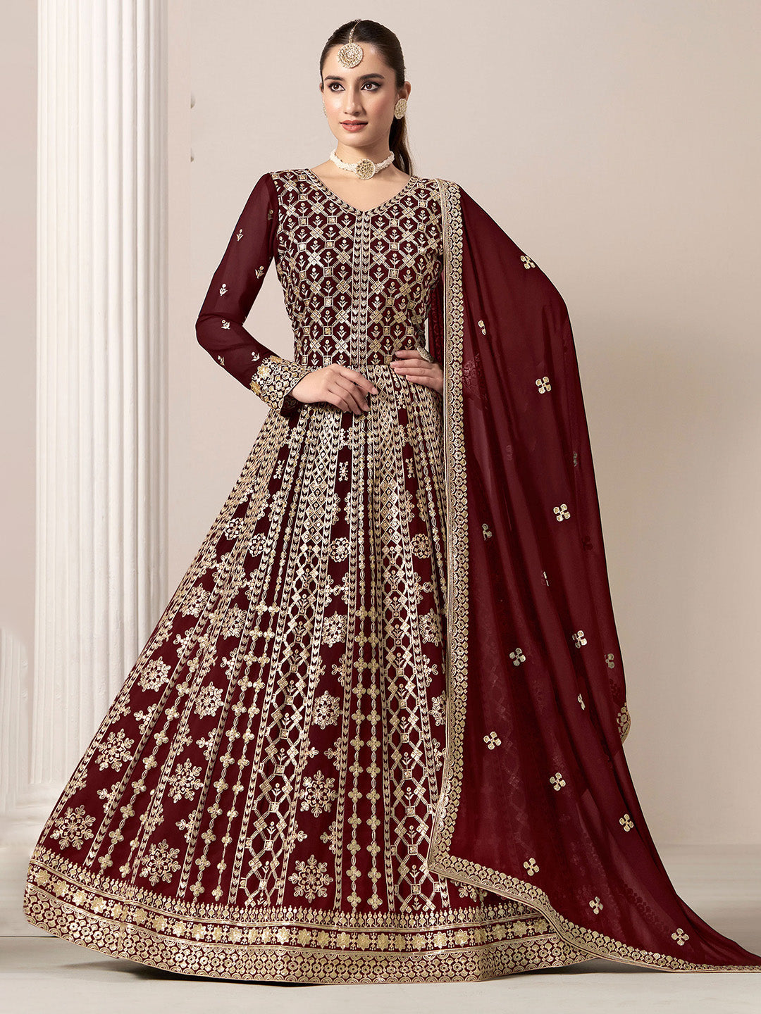 Embroidered Georgette Semi Stitched Kurta With Salwar &amp; Dupatta
