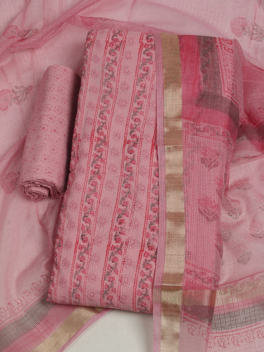 Printed Cotton Unstitched Suits Printed Suit With Pant &amp; Dupatta