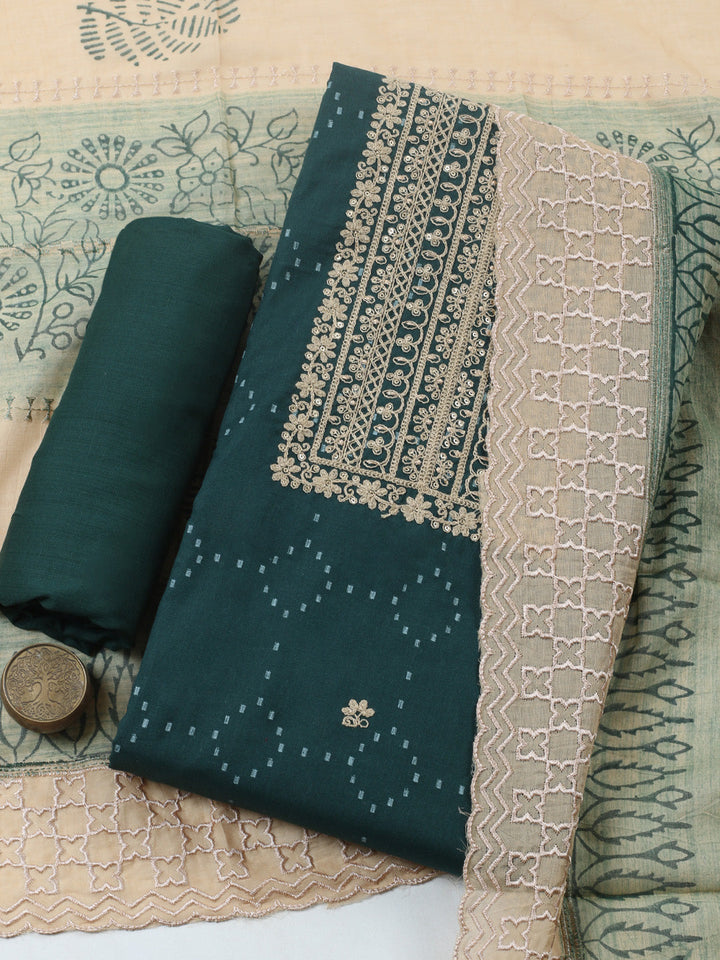 Embroidered Cotton Blend Unstitched Suit With Pant &amp; Dupatta