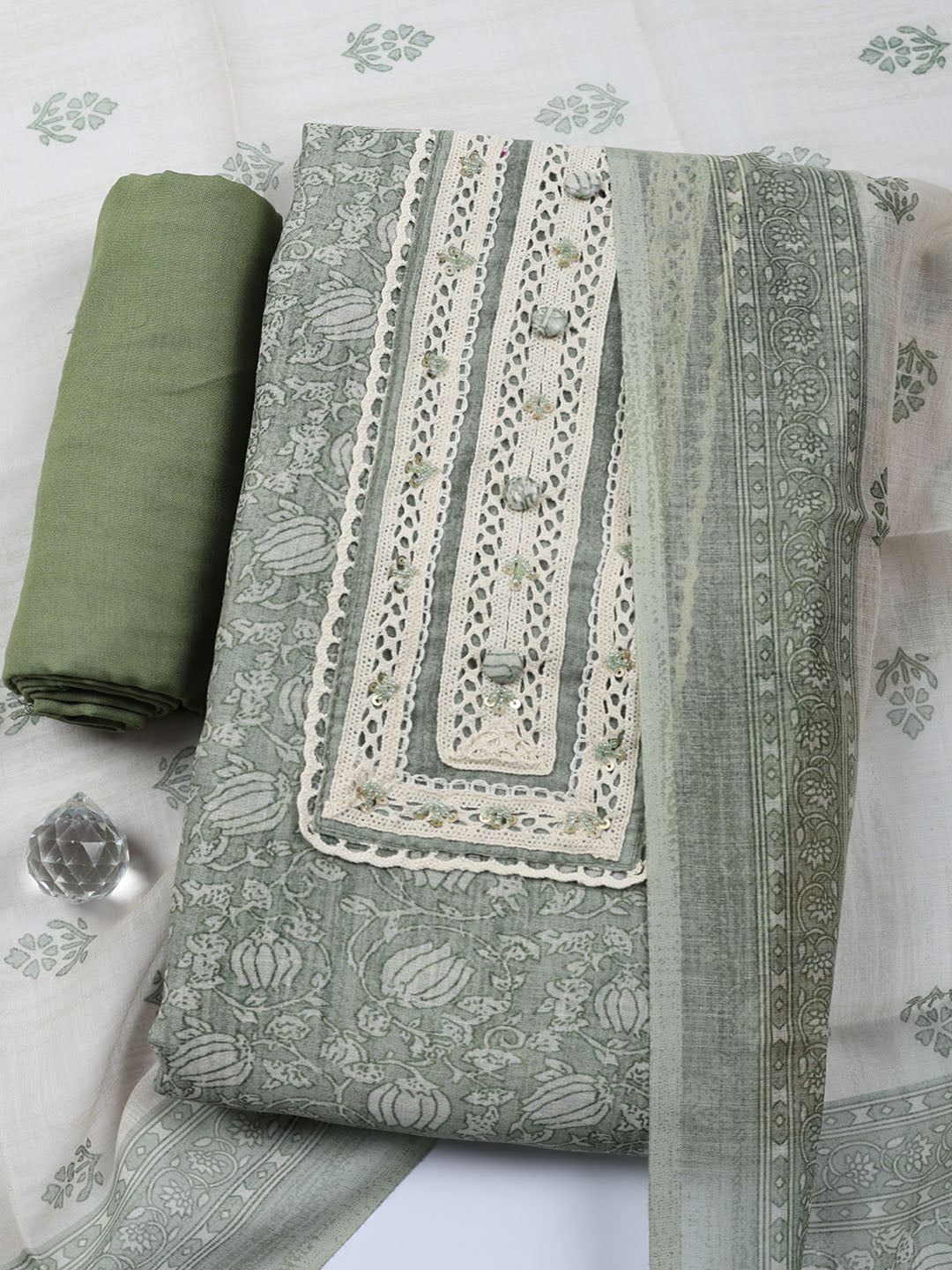 Embroidered Linen Blend Unstitched Suit With Pant &amp; Dupatta