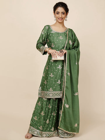 Resham Sequin Embroidery Chinnon Kurta With Garara & Dupatta