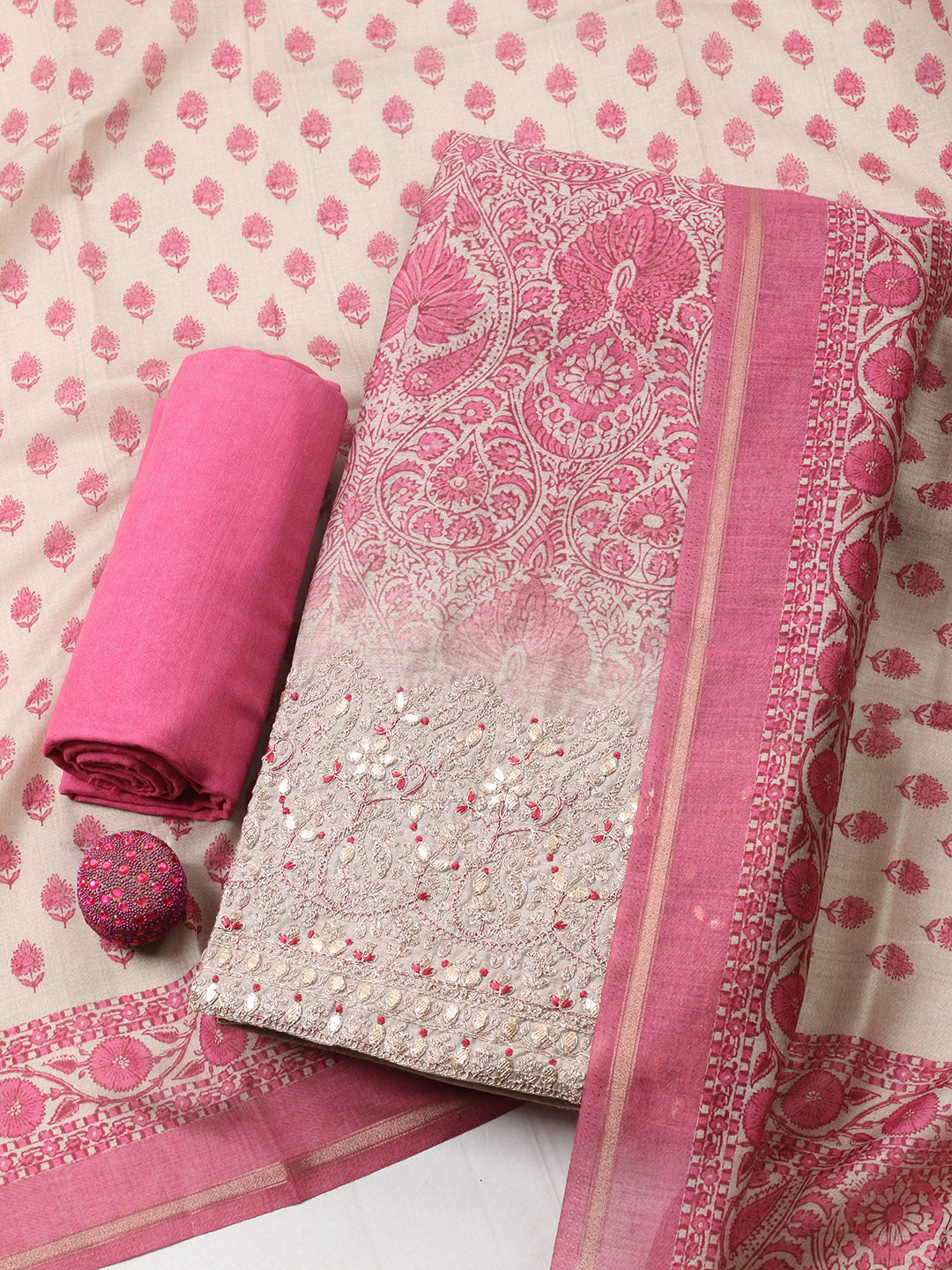 Printed Cotton Blend Unstitched Suit With Pant &amp; Dupatta