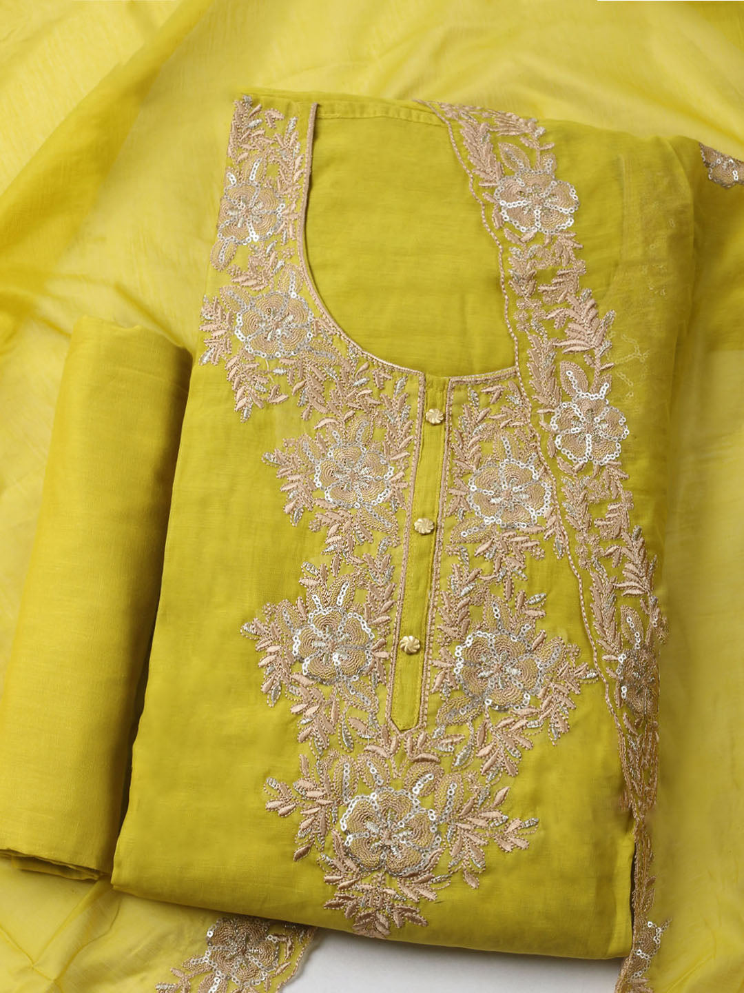 Embroidered Chanderi Unstitched Kurta With Pant &amp; Dupatta