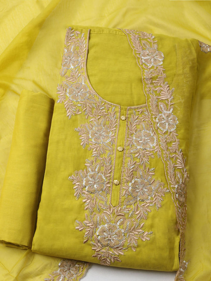 Embroidered Chanderi Unstitched Kurta With Pant &amp; Dupatta
