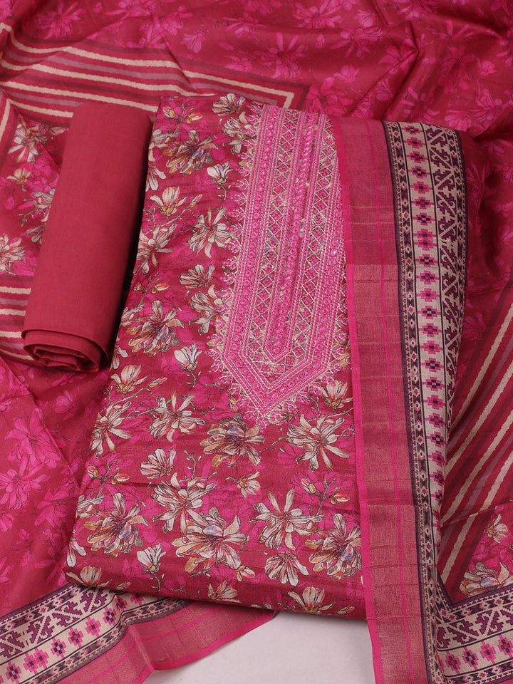 Embroidered Tussar Unstitched Suit With Pant Dupatta